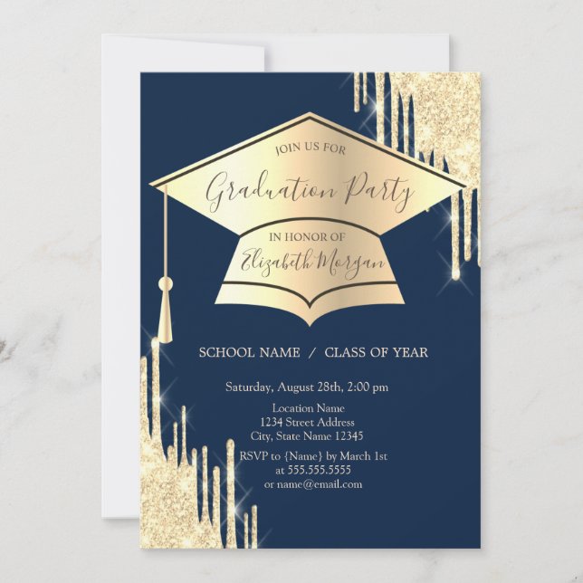 Gold Grad Cap,Glitter Drips Navy Blue Graduation Invitation (Front)