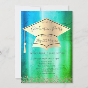 Gold Grad Cap,Gold Diamonds Green Graduation Invitation