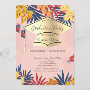 Gold Grad Cap,Palm Leaves Flowers Graduation Invitation