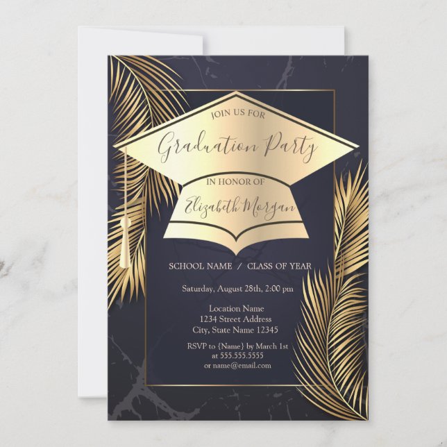 Gold Grad Cap Palm Leaves Marble Graduation Invitation (Front)