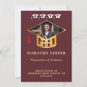 Gold Grad Cap & Photo Graduation Invitation