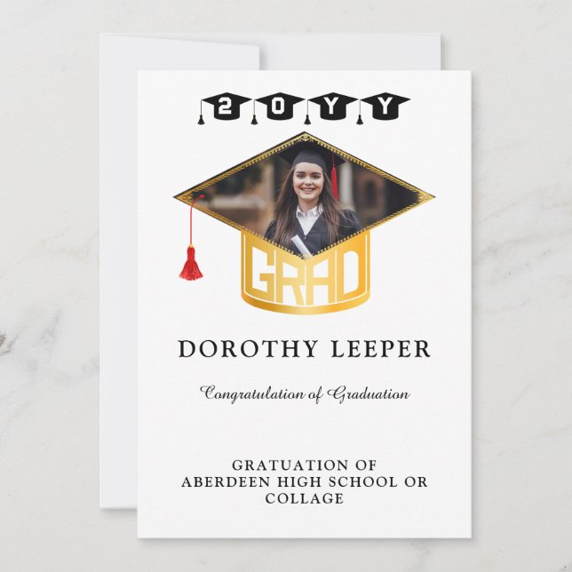 Gold Grad Cap & Photo Graduation Invitation (Front)