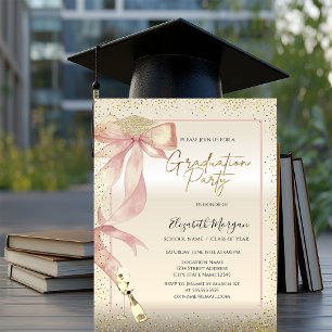 Gold Grad Cap,Pink Bow Glass Photo Invitation