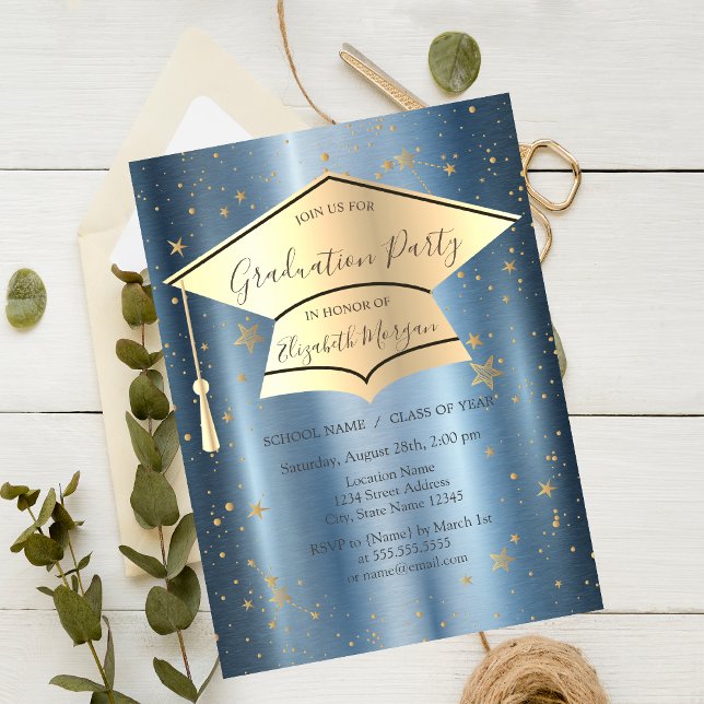 Gold Grad Cap,Stars Blue Metallic Graduation Invitation (Creator Uploaded)