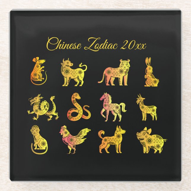 Gold Gradient Chinese Zodiac Animal Black Glass Coaster (Front)