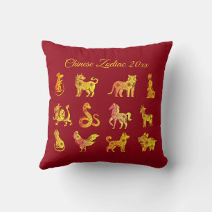 Gold Gradient Chinese Zodiac Animal Red Cushion