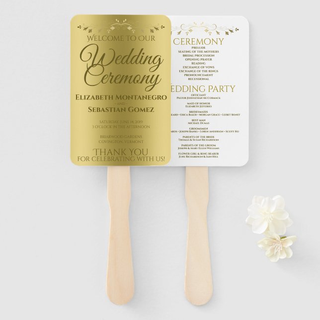 Gold Gradient Elegant Flourish Wedding Program Hand Fan (Front and Back)