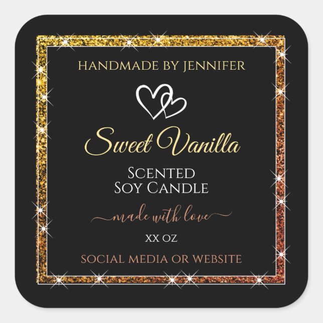 Gold Gradient Glitter Frame Black Product Labels (Front)