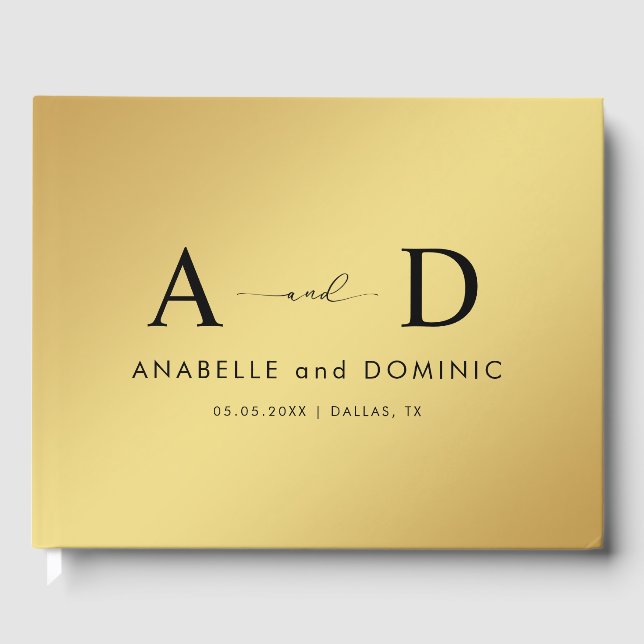 Gold Gradient & Monogram Elegant Black Wedding Guest Book (Front)
