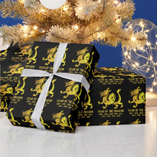 Gold Gradient Year Of The Dragon Zodiac Black Wrapping Paper