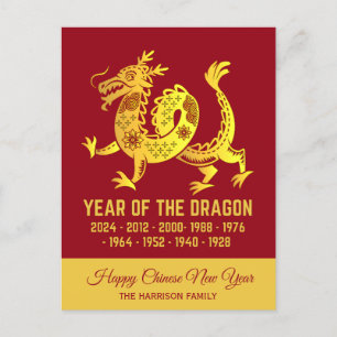 Gold Gradient Year Of The Dragon Zodiac Name Red Postcard