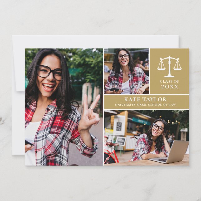 Gold Graduate 3 Photo Law School Graduation Party  Invitation (Front)