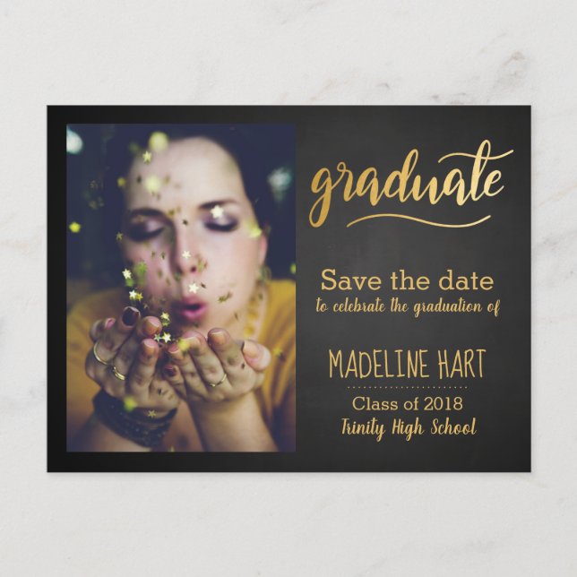 Gold Graduate | Chalkboard Save The Date Photo Announcement Postcard (Front)
