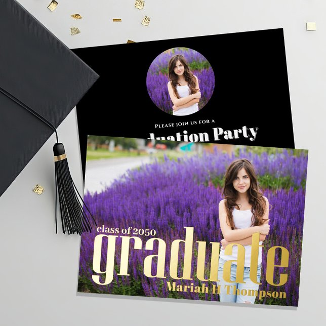 Gold Graduate Modern Photo Template (Gold foil graduation invitation announcement. )