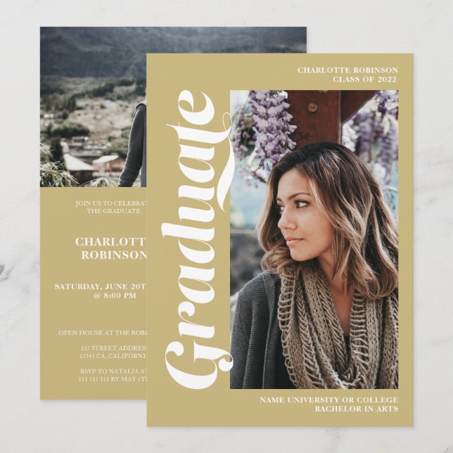 Gold graduate script 3 photo graduation invitation (Front/Back)