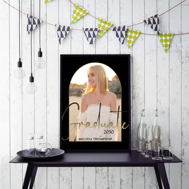 Gold Graduate Script Black Arch Photo Party Poster (Gold script photo graduate poster template.)