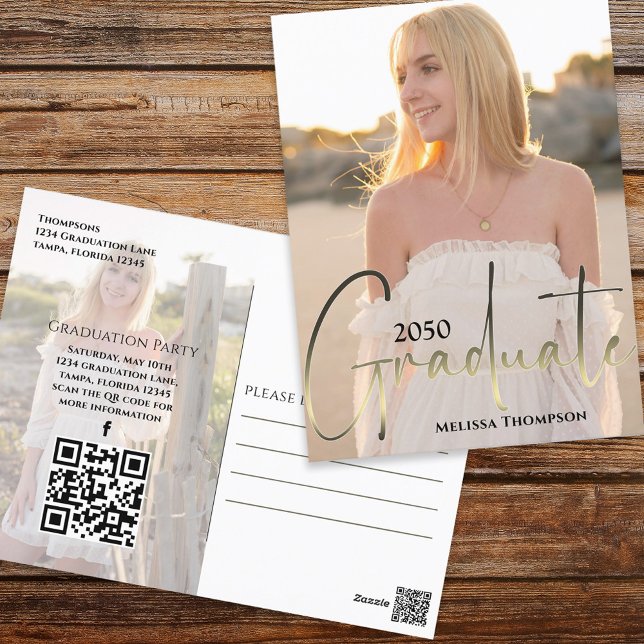 Gold Graduate Script Black Photo QR Code Website Postcard (Creator Uploaded)
