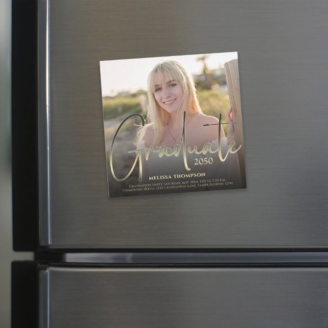 Gold Graduate Script Black Photo Simple Magnetic (Creator Uploaded)