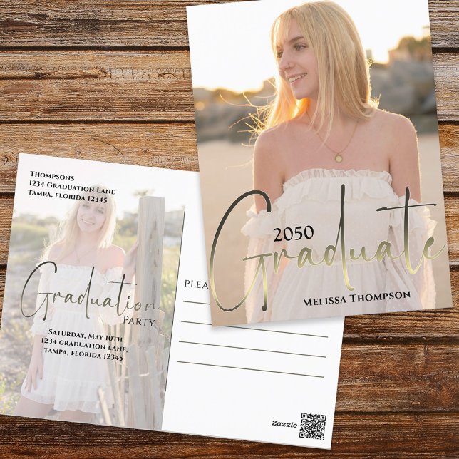 Gold Graduate Script Black Two Vellum Photo Budget Postcard (Creator Uploaded)