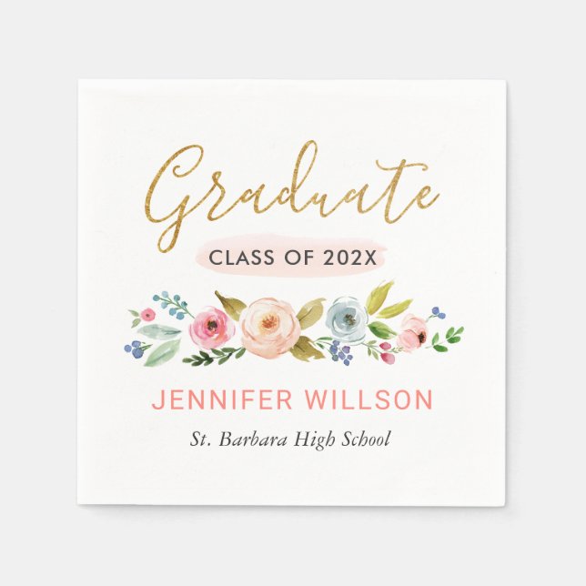 Gold Graduate Script Watercolor Floral Graduation Napkin (Front)