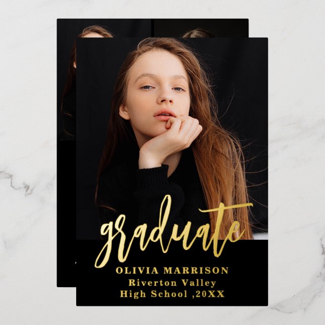 Gold Graduate Trendy Photo Graduation Announcement (Front/Back)