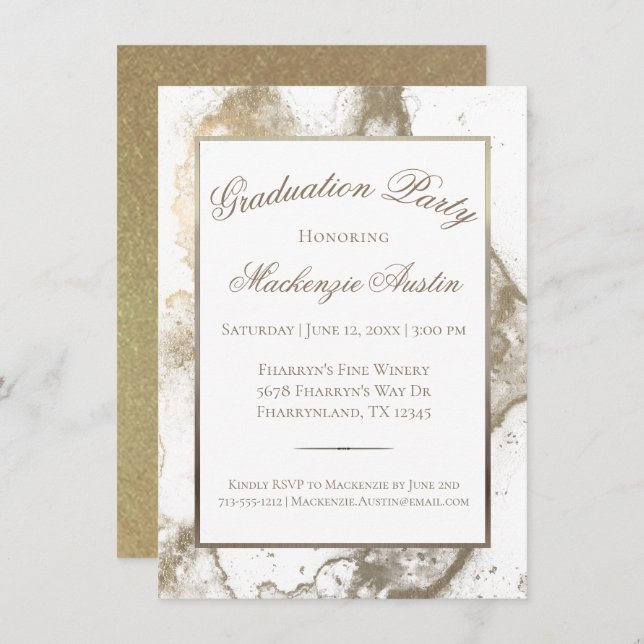 Gold Graduation | Antique Sepia Marble Grad Party Invitation (Front/Back)