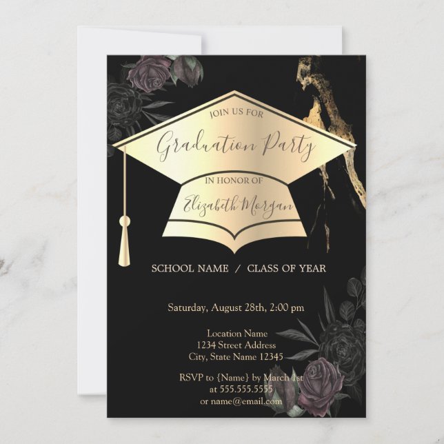 Gold Graduation Cap Black Roses Graduation Invitation (Front)