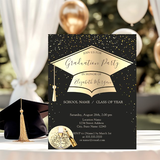 Gold Graduation Cap,Confetti Disco Ball Graduation Invitation (Creator Uploaded)