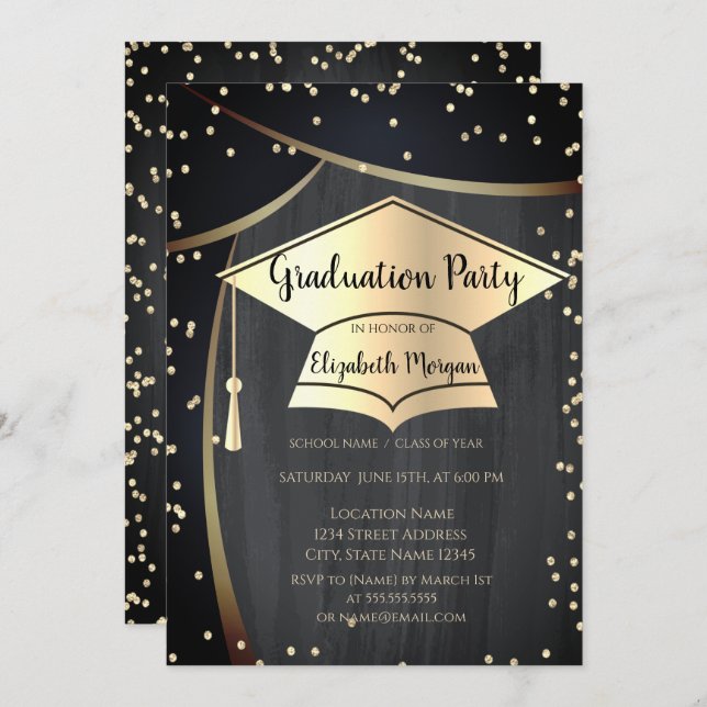 Gold Graduation Cap,Diamonds Black Graduation Invitation (Front/Back)