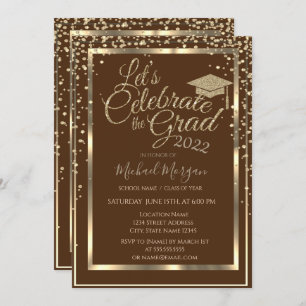 Gold Graduation Cap Diamonds Brown Graduation Invitation