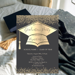Gold Graduation Cap,Diamonds Grey Graduation Invitation