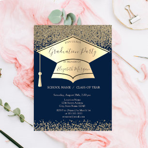 Gold Graduation Cap,Diamonds Navy Blue Graduation Invitation