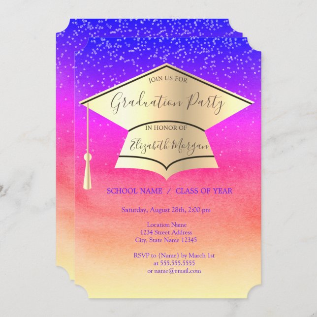 Gold Graduation Cap,Diamonds Ombre Graduation  Invitation (Front/Back)