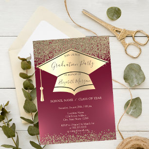 Gold Graduation Cap,Diamonds Red Graduation Invitation