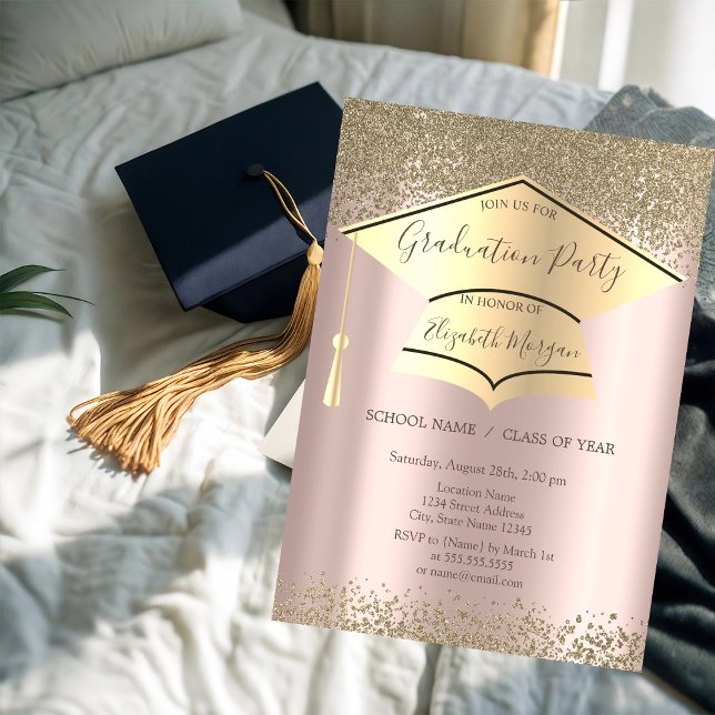 Gold Graduation Cap,Diamonds Rose Gold Graduation Invitation (Creator Uploaded)