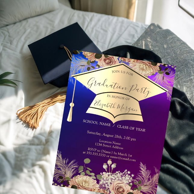 Gold Graduation Cap,Flowers Graduation  Invitation (Creator Uploaded)