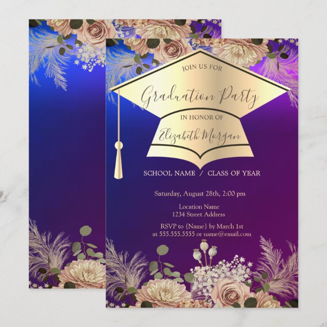 Gold Graduation Cap,Flowers Graduation  Invitation (Front/Back)