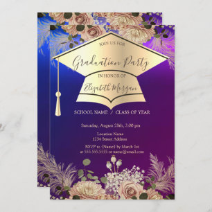 Gold Graduation Cap,Flowers Graduation  Invitation