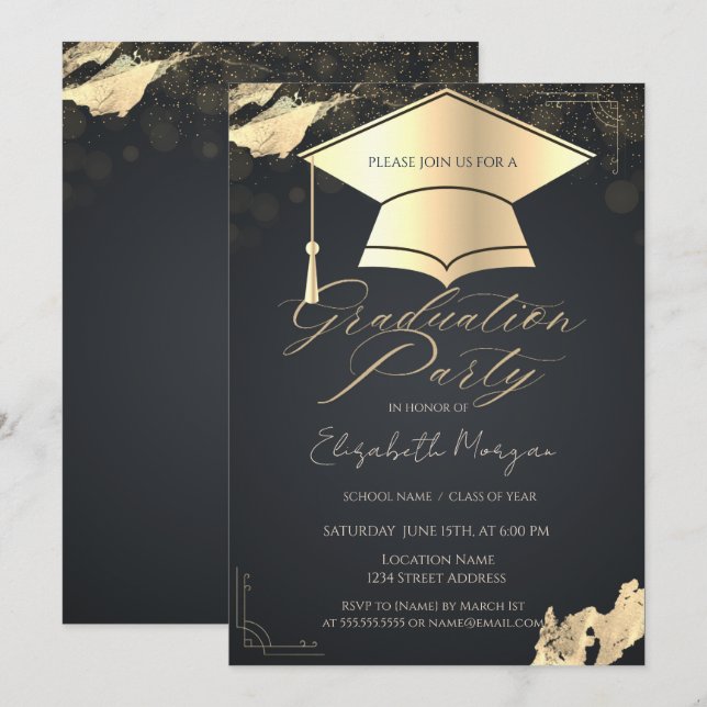 Gold Graduation Cap Frame Confetti Grey Invitation (Front/Back)