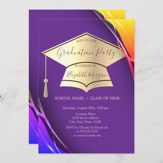  Gold Graduation Cap Frame Violet Graduation Invitation (Front/Back)