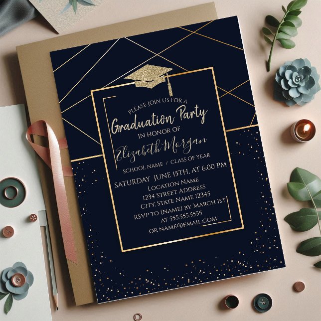  Gold Graduation Cap Geometric Graduation Invitation (Creator Uploaded)