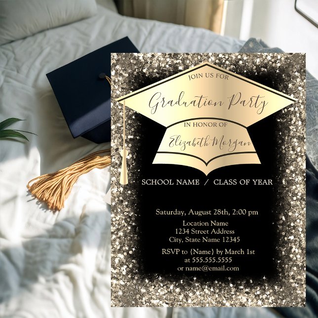 Gold Graduation Cap Glitter Frame Black Graduation Invitation (Creator Uploaded)