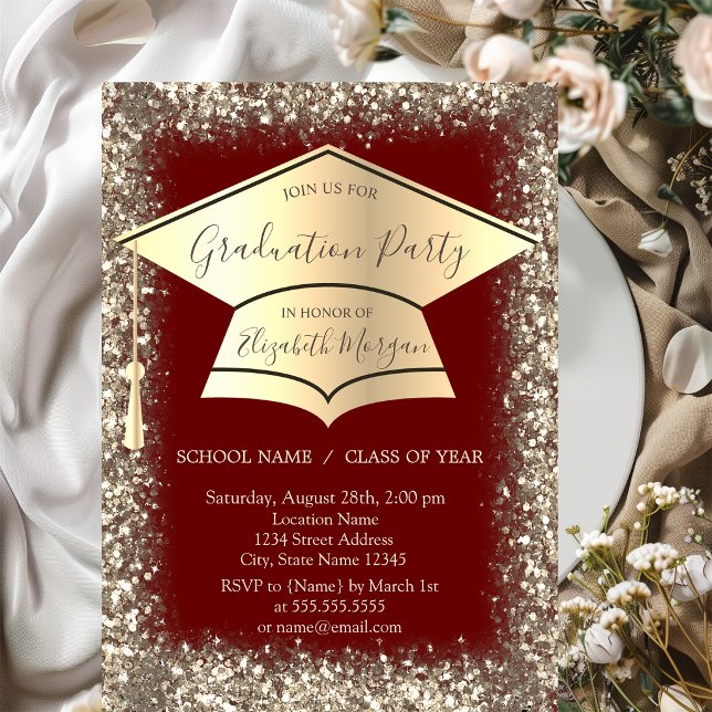 Gold Graduation Cap Glitter Frame Red Graduation Invitation (Creator Uploaded)