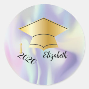 Gold Graduation Cap,Name,Holographic Classic Round Sticker