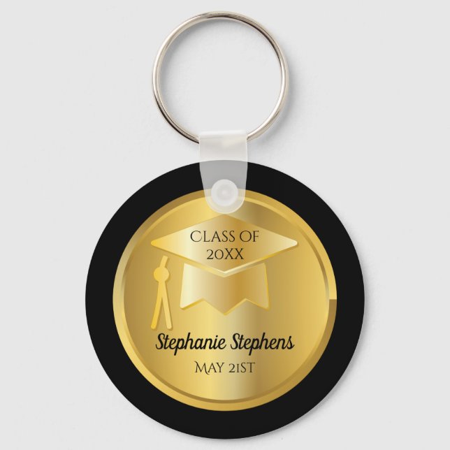 Gold Graduation Cap on Gold Gradient | Black Seal Key Ring (Front)