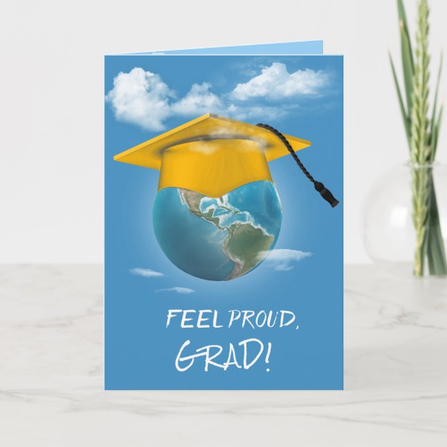 Gold Graduation Cap on Planet Earth Card (Front)