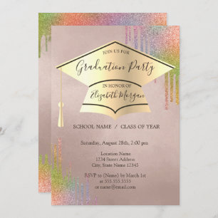 Gold Graduation Cap,Rainbow Drips Graduation Invitation