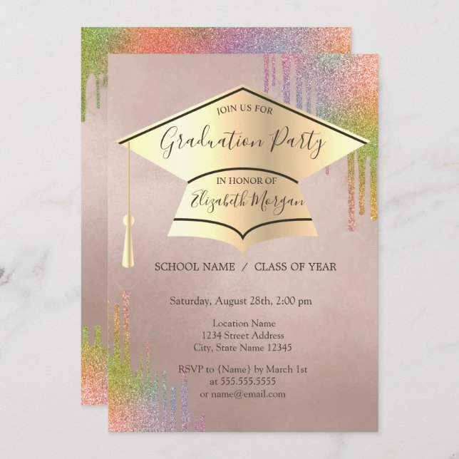 Gold Graduation Cap,Rainbow Drips Graduation  Invitation (Front/Back)