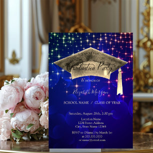 Gold Graduation Cap,Stars Blue Graduation  Invitation