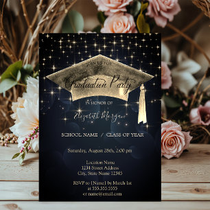Gold Graduation Cap,Stars Dark Blue Graduation Invitation